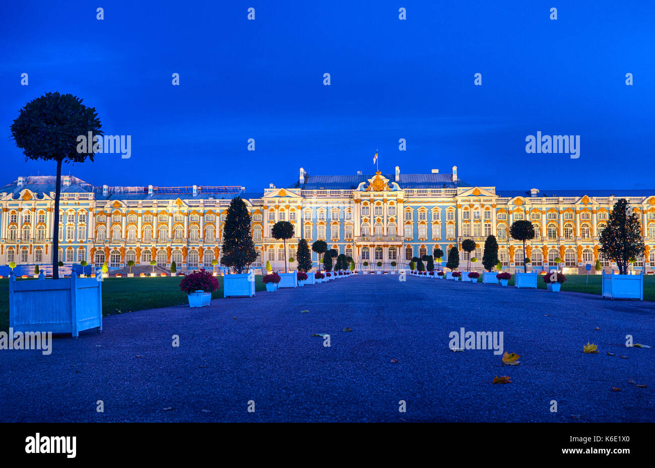 Late evening at Catherine Palace the summer residence of the Russian tsars at Pushkin, Saint-Petersburg. Square and trees Stock Photo