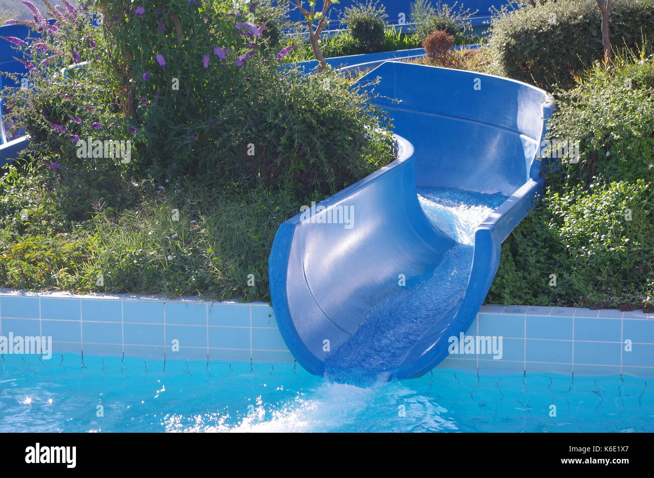 Blue water park slide in Castelo de Vide. Portugal Stock Photo