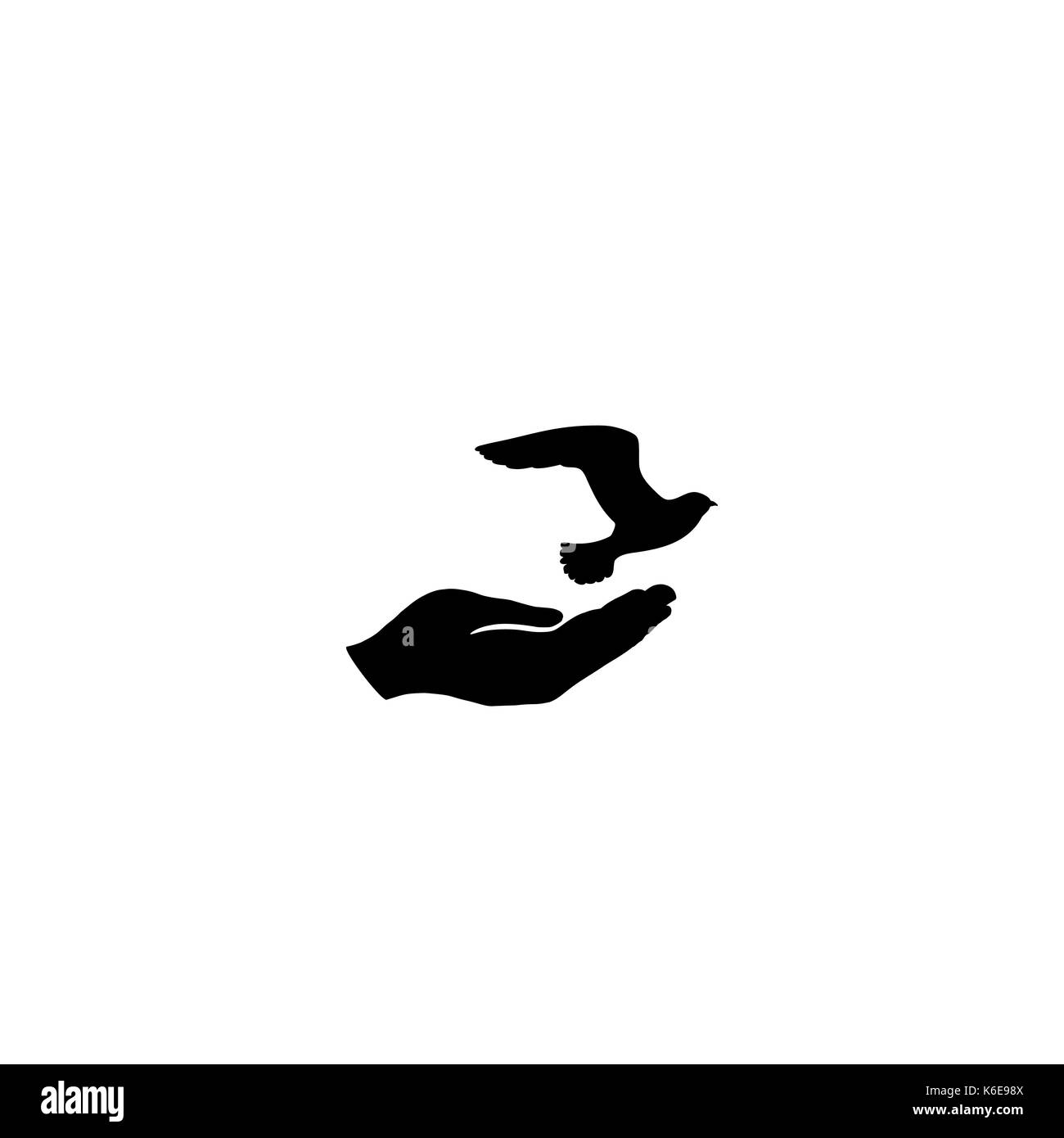 Dove bird free with hand. Bird flying. Peace symbol. Pigeon and hand silhouette. freedom sign. Stock Vector