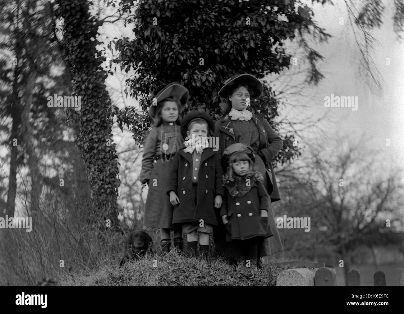 AJAXNETPHOTO. 1891-1910 (APPROX). SAINT-LO REGION, NORMANDY.FRANCE. - A GROUP OF CHILDREN IN LATE VICTORIAN OR EARLY EDWARDIAN DRESS POSE FOR THE CAMERA IN A COUNTRY SETTING. PHOTOGRAPHER:UNKNOWN © DIGITAL IMAGE COPYRIGHT AJAX VINTAGE PICTURE LIBRARY SOURCE: AJAX VINTAGE PICTURE LIBRARY COLLECTION REF:AVL FRA 1890 07 Stock Photo