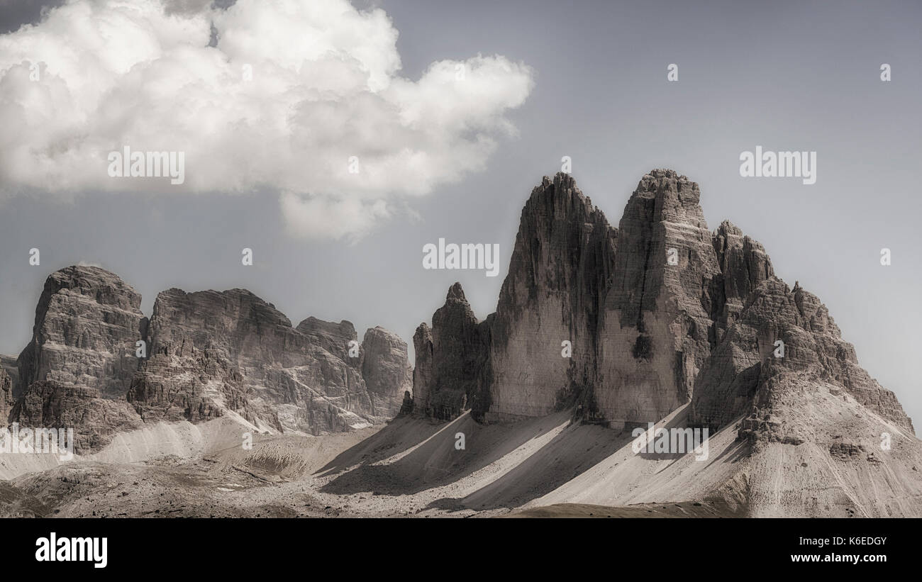 The famous Three Peaks of Lavaredo seen from the summit of Mount Specie in summer august afternoon, Dolomites - Italy Stock Photo