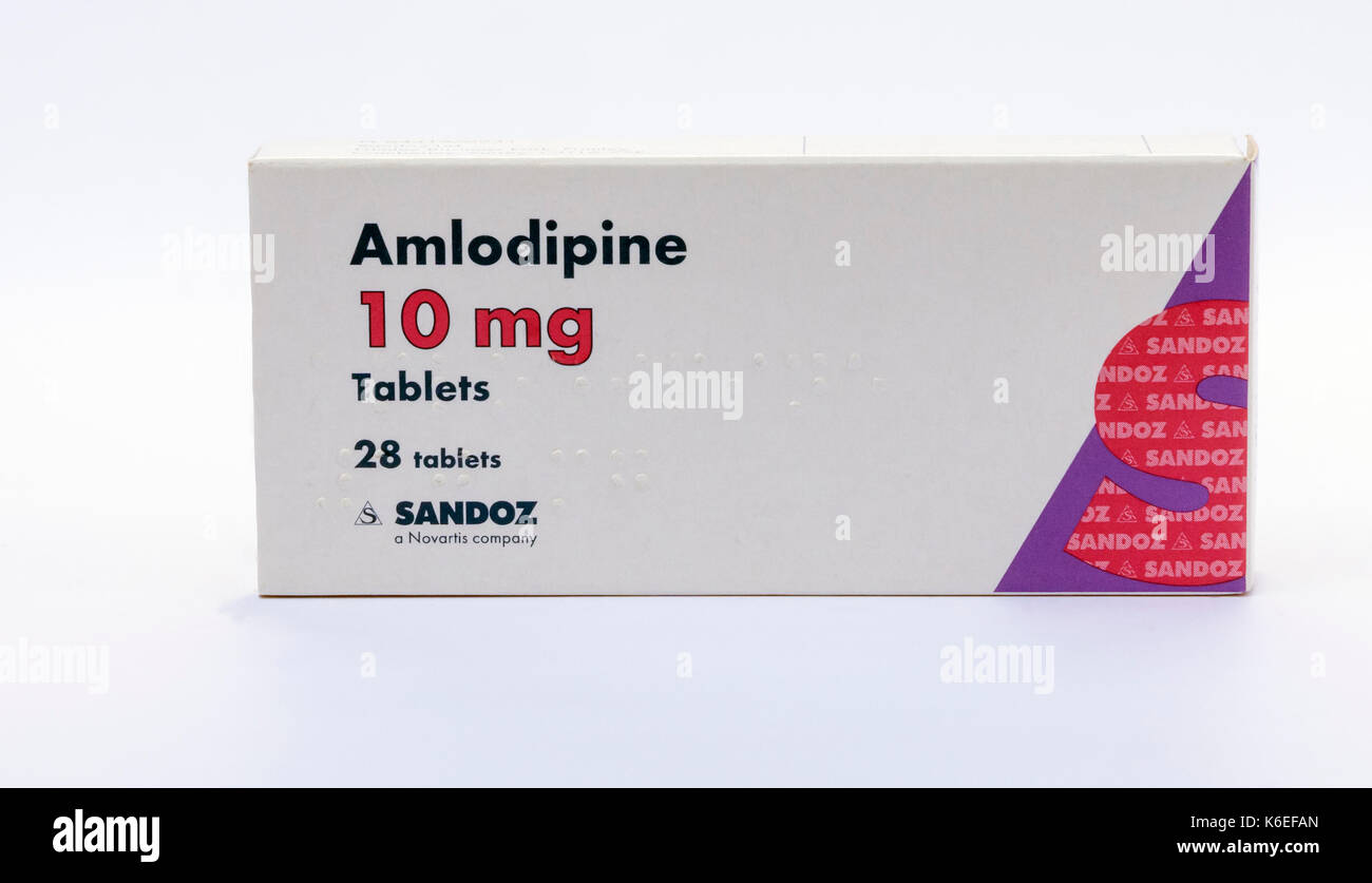 Amlodipine is a drug for treating hypertension. It is a calcium channel blocker that dilates (widens) blood vessels and improves blood flow. Stock Photo