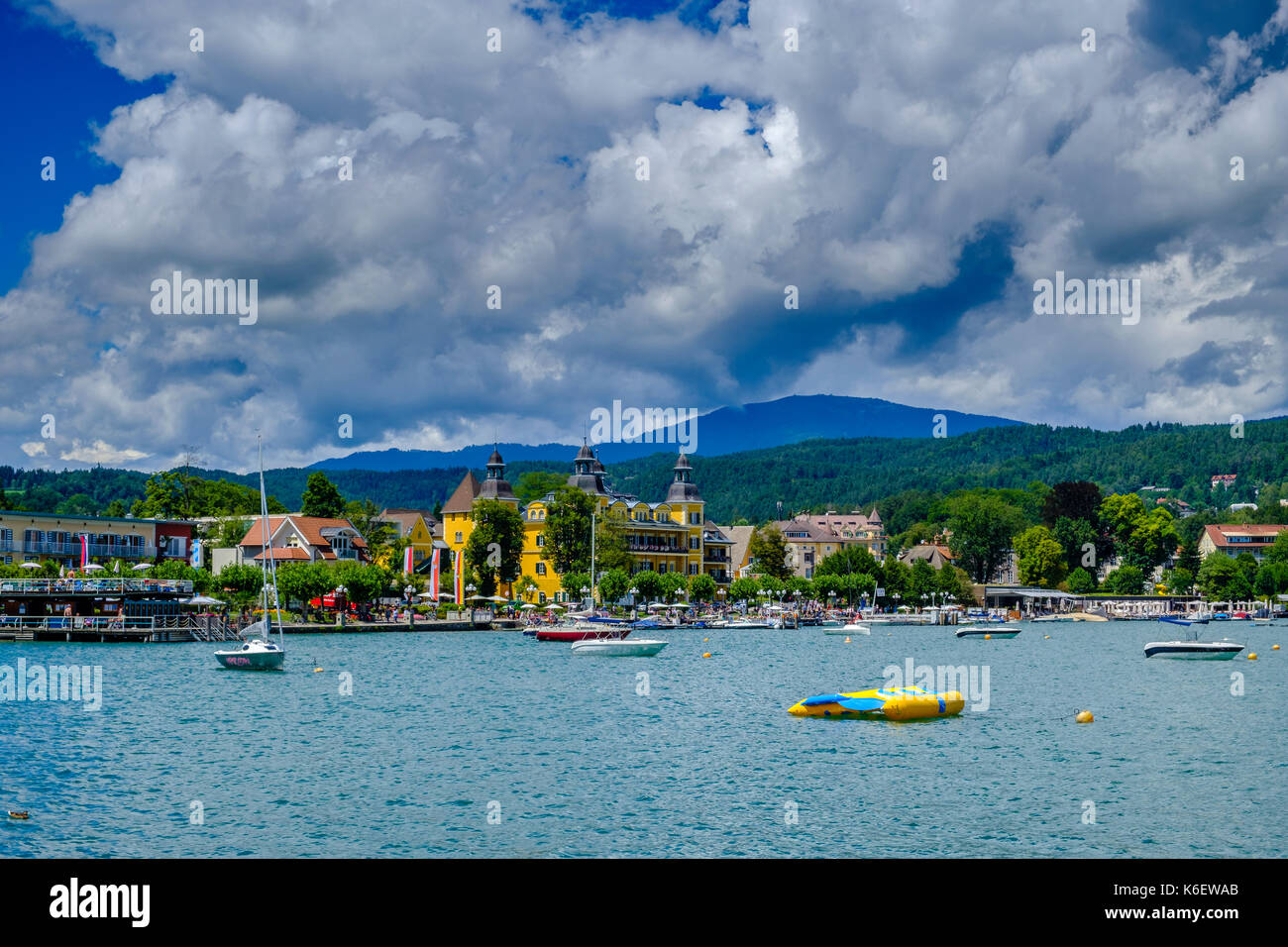 The harbour of town with sailing boats at Lake Wörth, Wörthersee, Carinthia's largest lake Stock Photo
