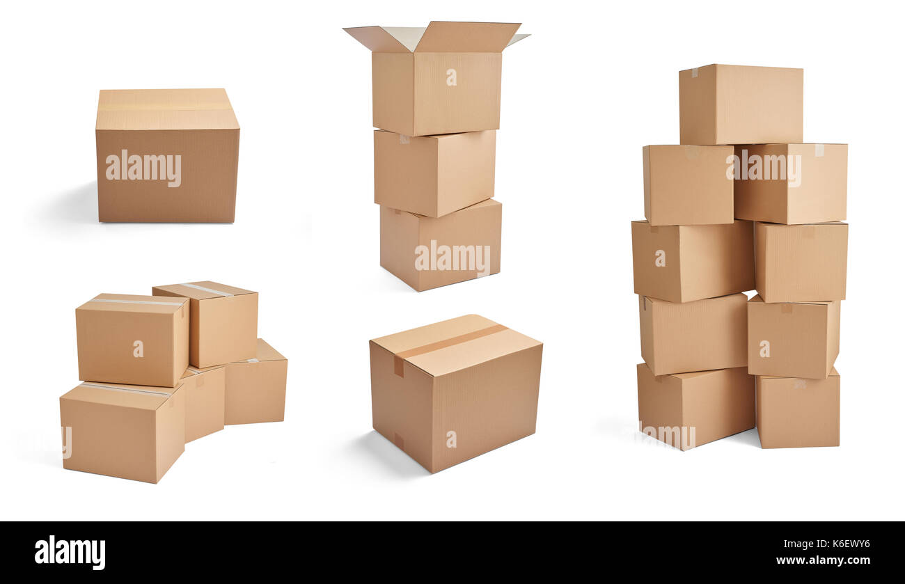 collection of various stacks of cardboard boxes on white background ...