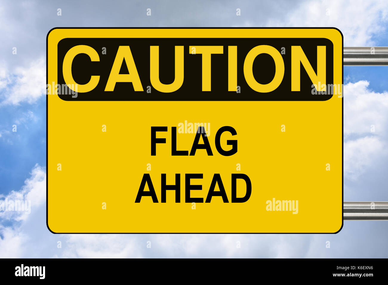 Flag ahead, yellow warning road sign Stock Photo Alamy