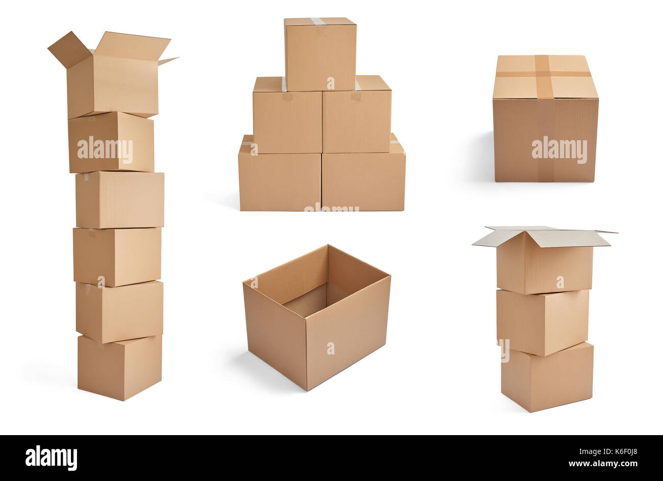 collection of various stacks of cardboard boxes on white background