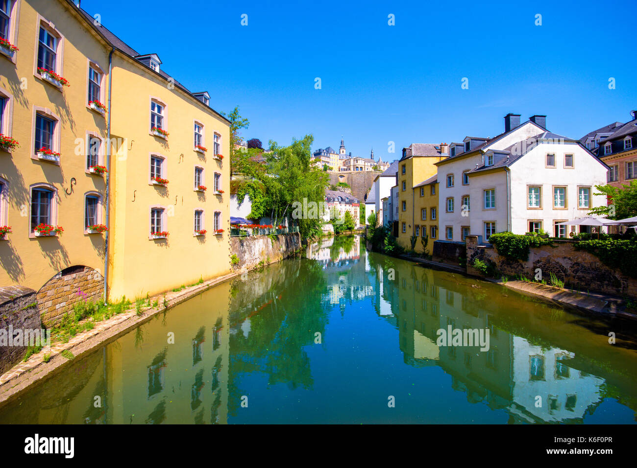 Luxembourg City, downtown city part Grund, scenic view with a bridge ...