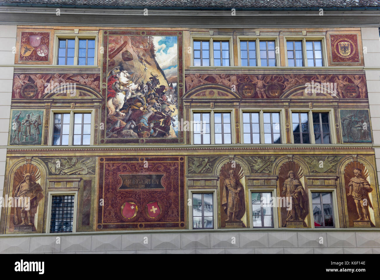 Schwyz, Switzerland - 11 July 2017: historical paintings on the wall of the town hall at Schwyz on Switzerland Stock Photo