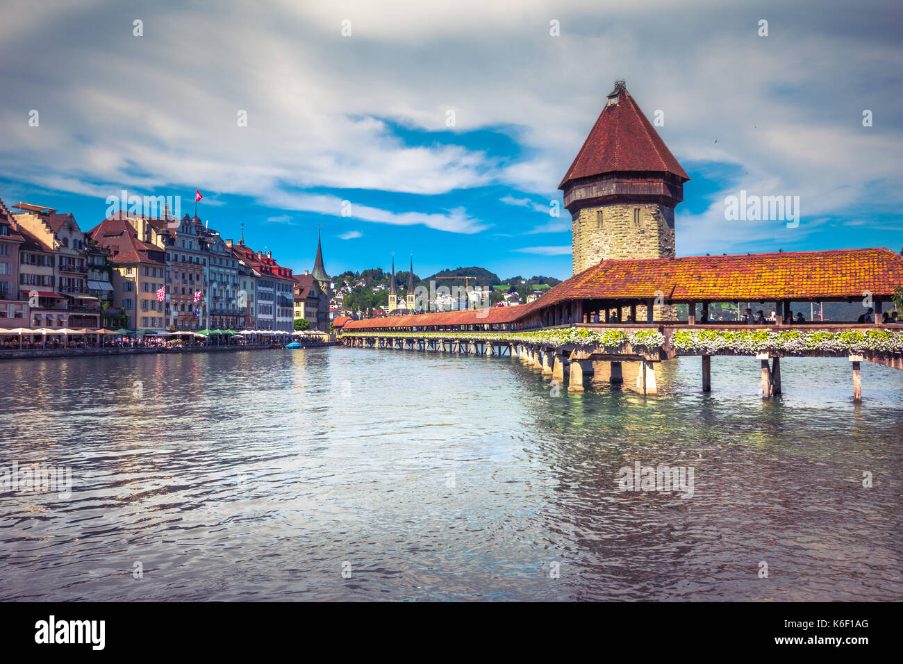 Chapel Bridge and Water Tower in Luzern - Switzerland Stock Photo
