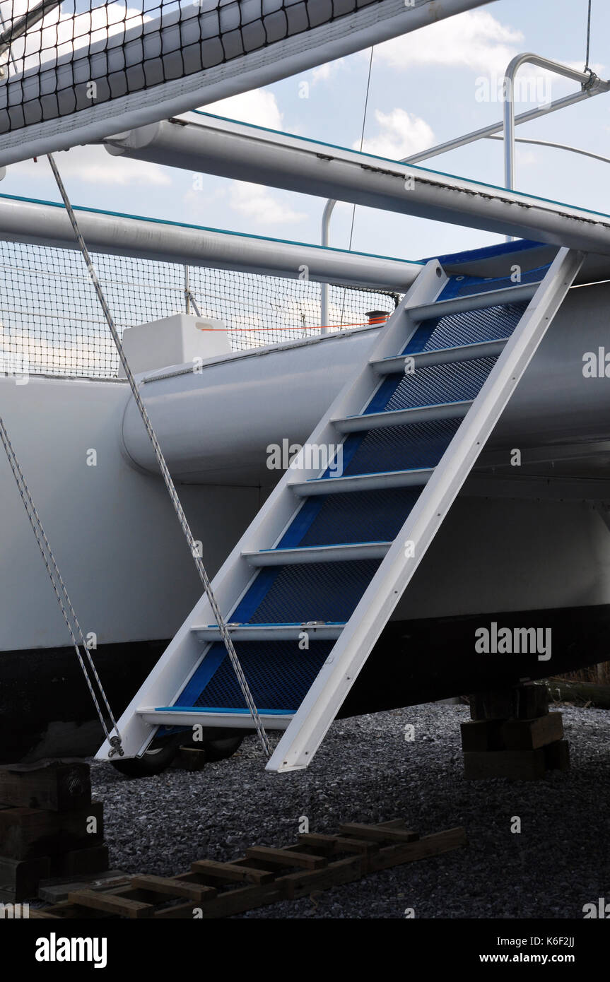 Ladder on a Catamaran in dry dock. Stock Photo