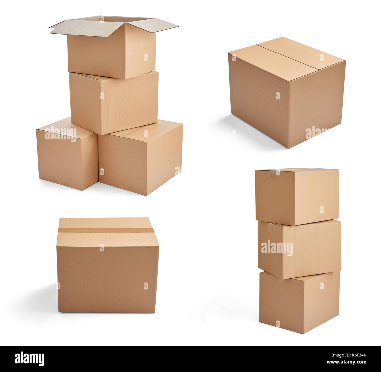 collection of various stacks of cardboard boxes on white background