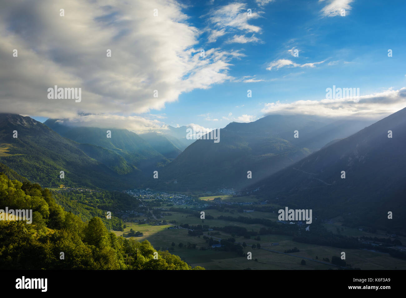 Saint Lary Soulan city and ski station, and his valley before sunset time Stock Photo