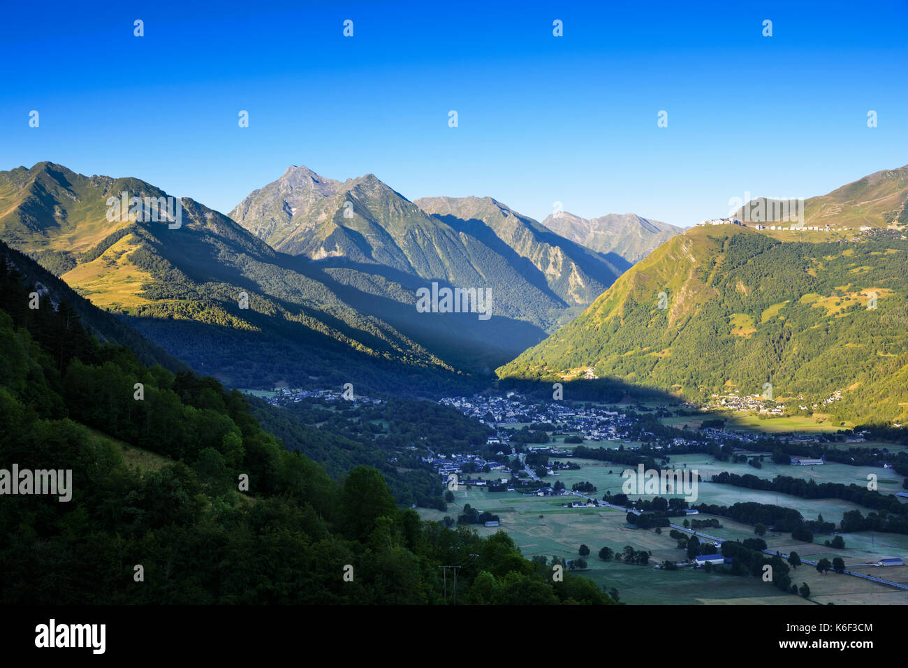 Saint Lary Soulan city and ski station, and his valley with first lights of the day Stock Photo