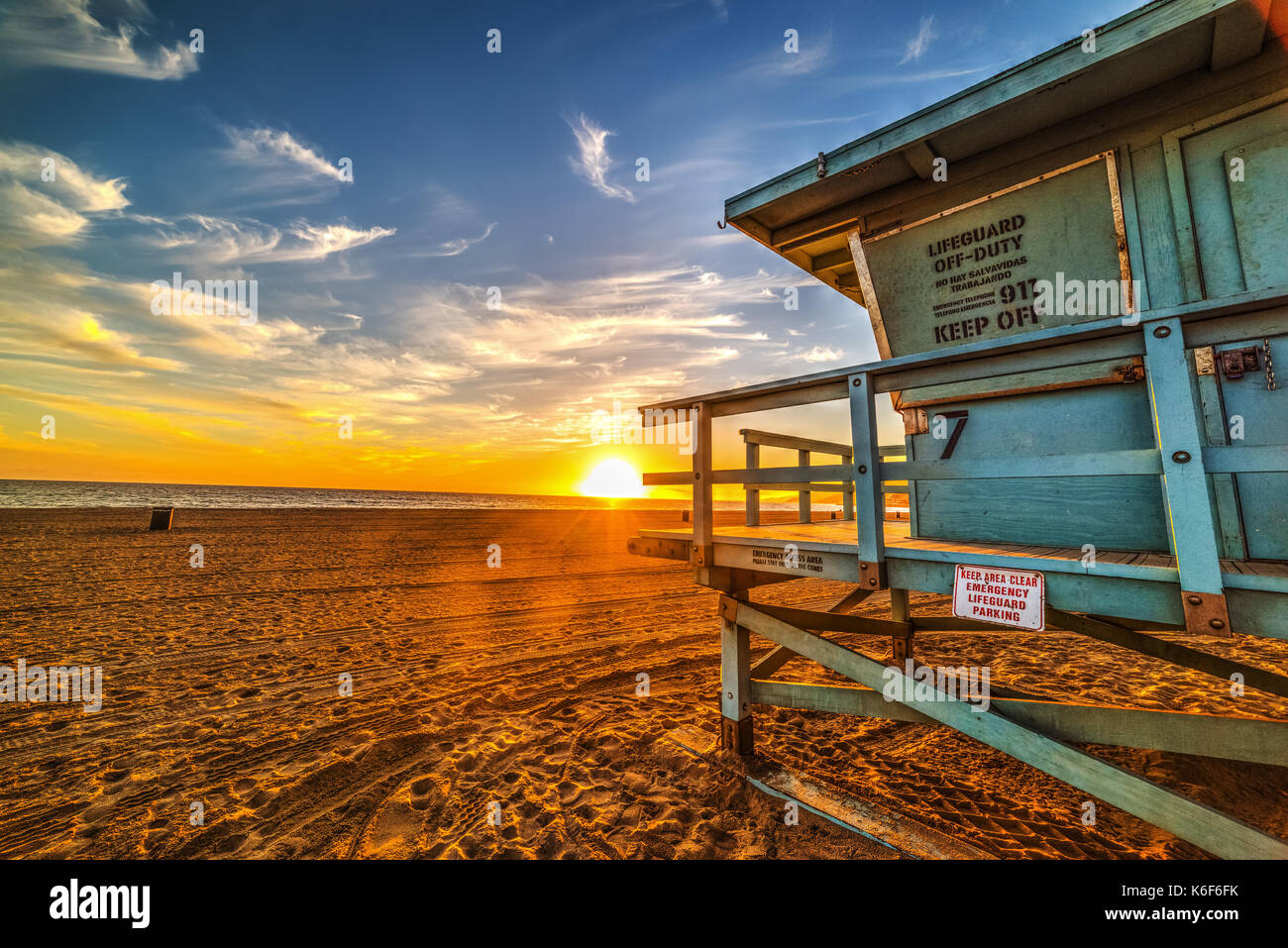 Lifeguard hut by the sea in Malibu shore Stock Photo