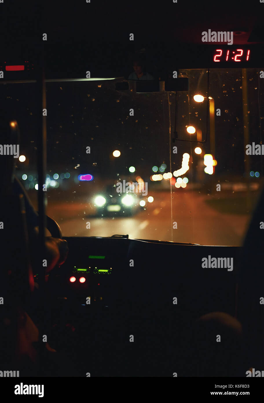 Traveling by bus during night, details of interior. Stock Photo