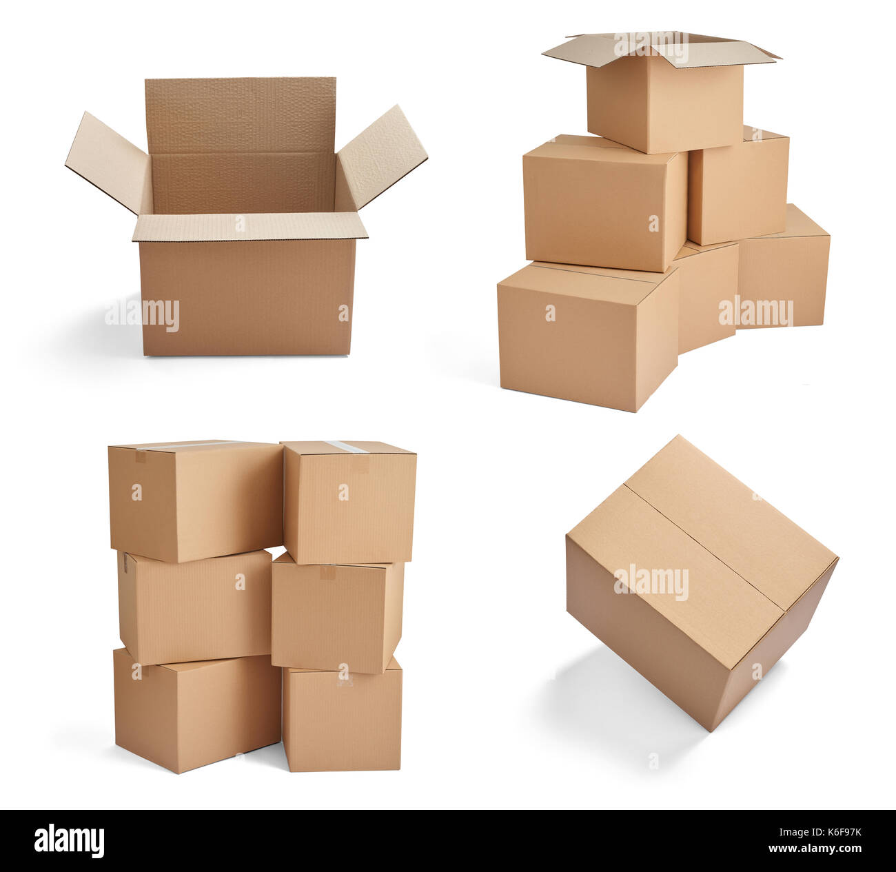 collection of various stacks of cardboard boxes on white background ...