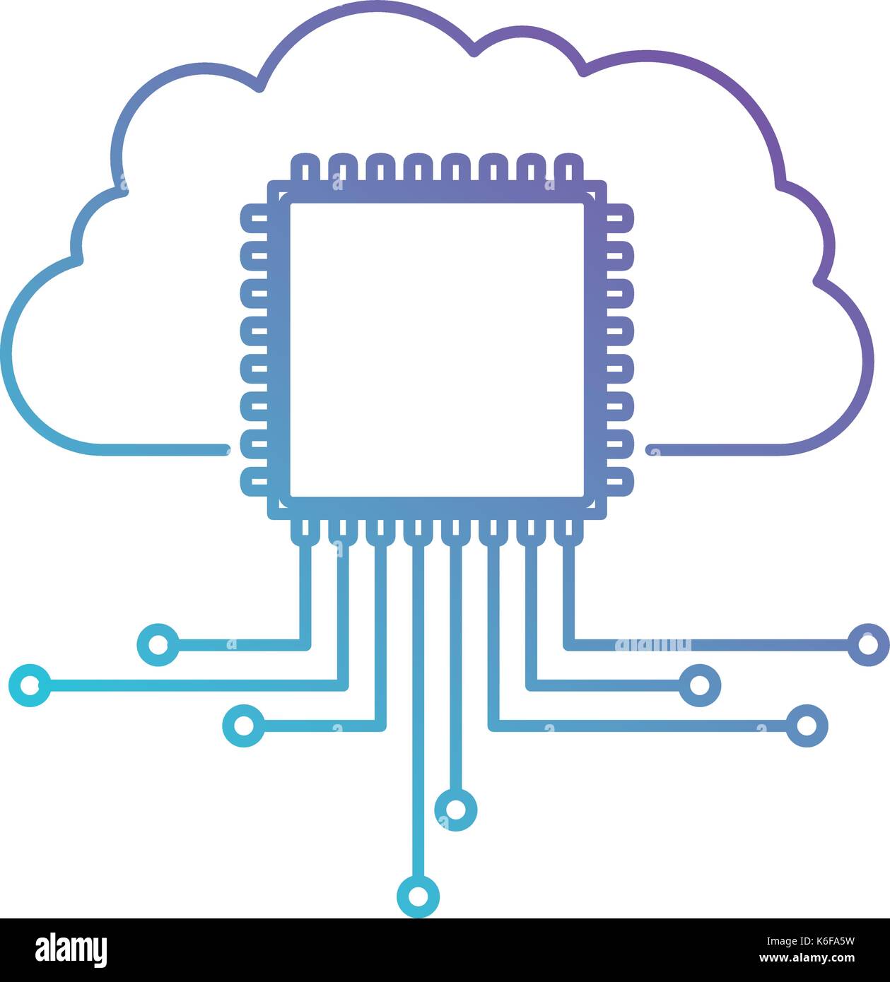 cloud storage data and cpu microprocessor icon in color gradient silhouette from purple to blue Stock Vector