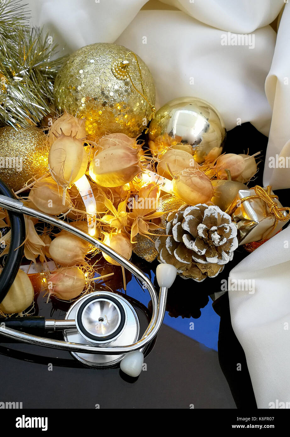 Medical Christmas cards with lights and cone pines Stock Photo Alamy