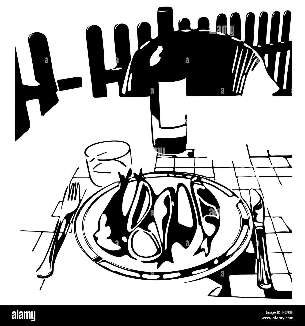 eat at dinner fish and wine, hand vector drawing, no trace, on white