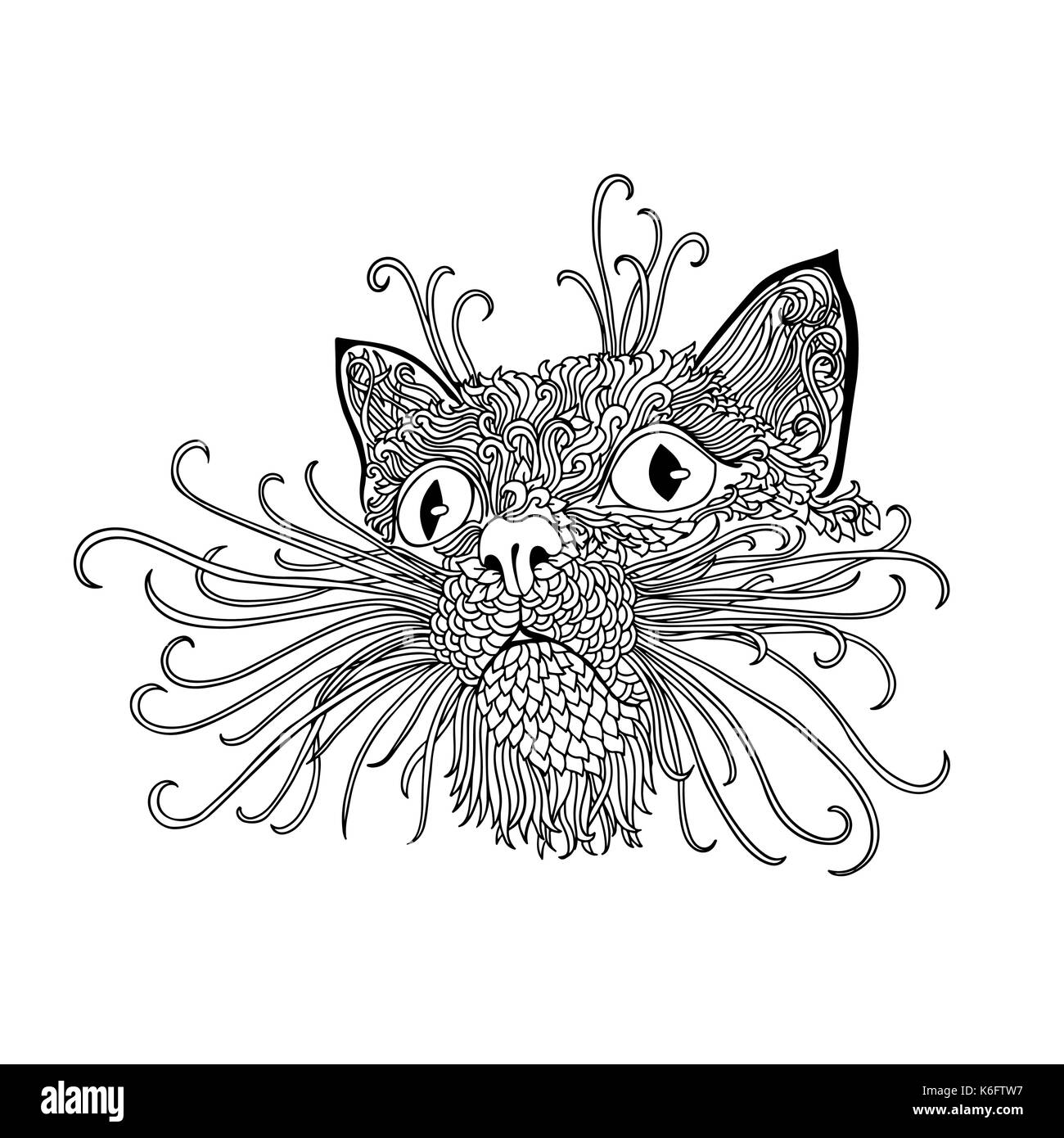 Black and wite cat with ethnic floral ornaments for adult coloring book. Zentagle pattern. Vector doodle illustration. Portrait of a cute pet. Stock Vector