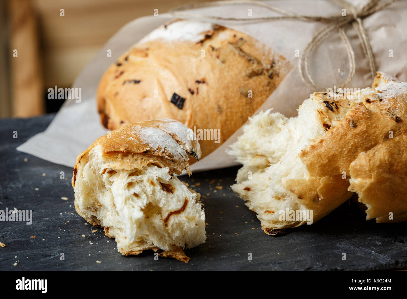 Just baked hot onion bread loaf Stock Photo Alamy