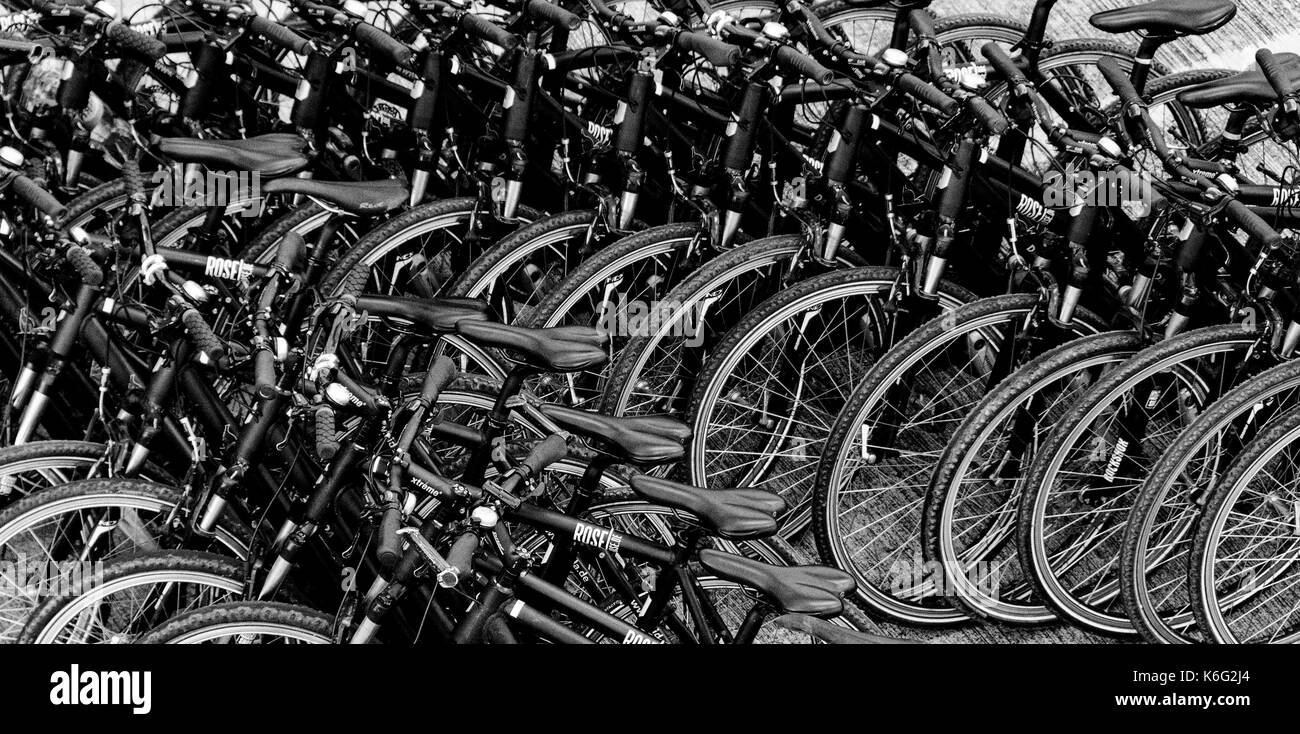 Black and white photograph of bicycles on Basseterre, St Kitts, West Indies Stock Photo