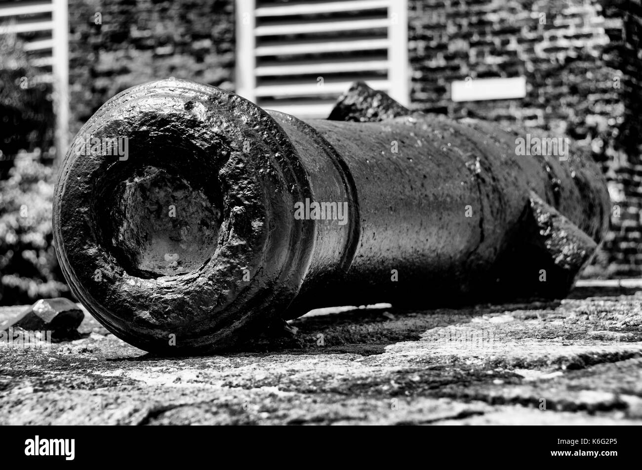 Black and white photograph of canon at Nelson's Dockyard, Antigua Stock Photo