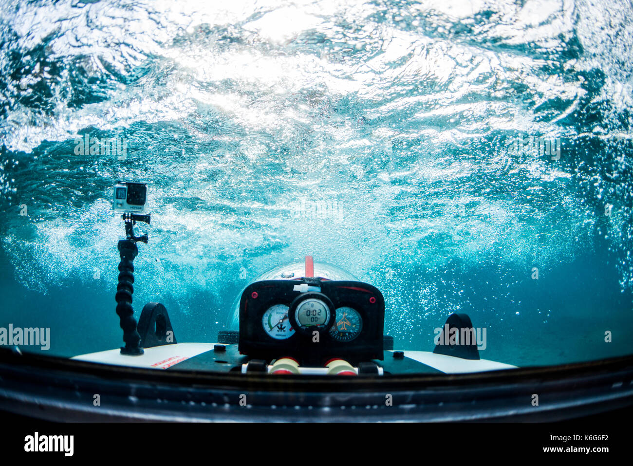 Underwater view from rear cockpit of personal submarine, Lake Tahoe, California, USA Stock Photo