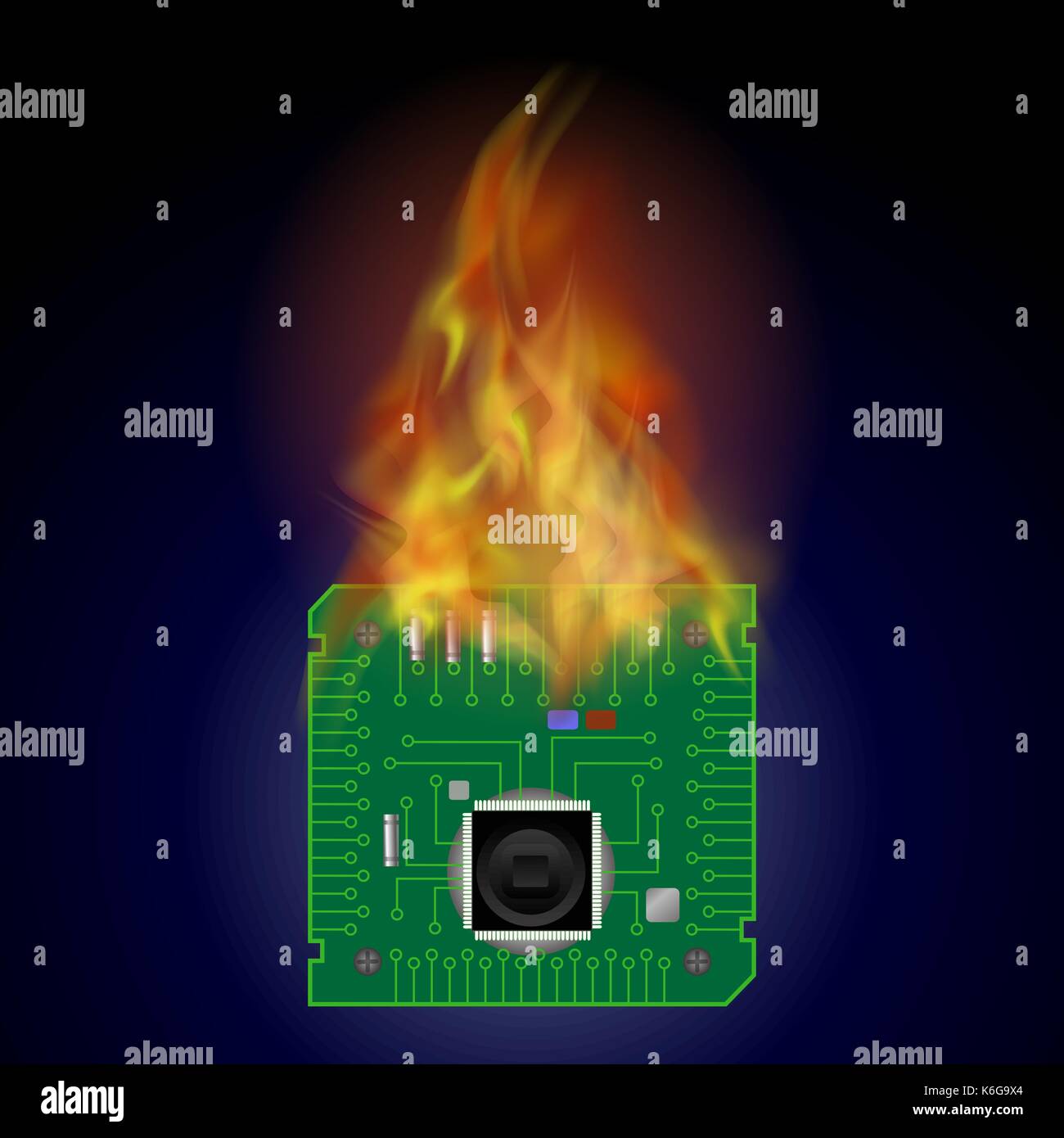 Burning Circuit Board Pattern. High Tech Symbol Stock Vector