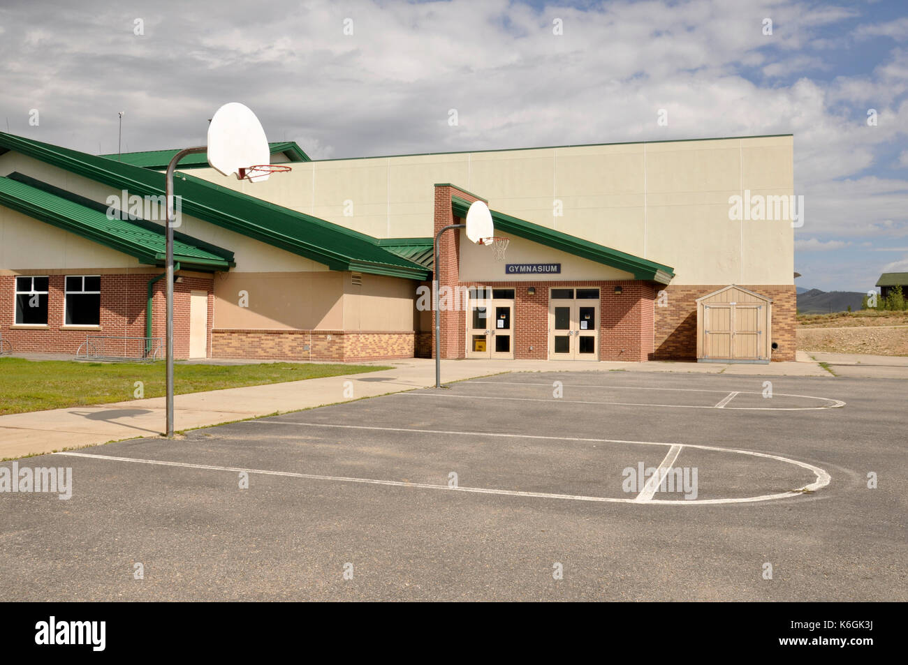 gym entrance for a modern elementary school in Granby Colorado Stock Photo