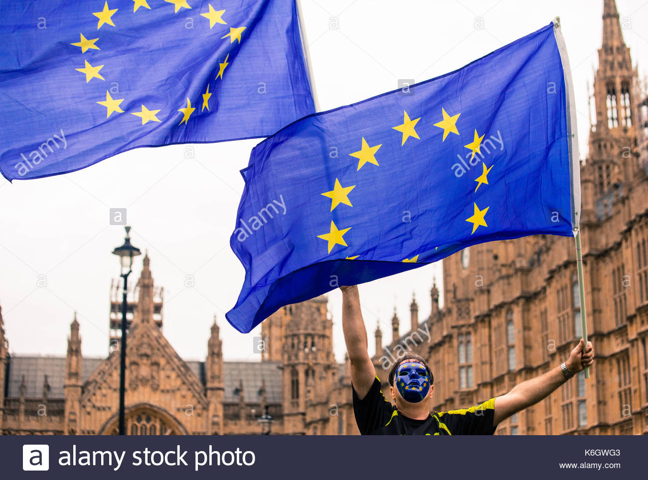 A pro-EU anti-Brexit protester waves EU flags in the air at Westminster during a protest against the first reading of the Withdrawal bill. Stock Photo