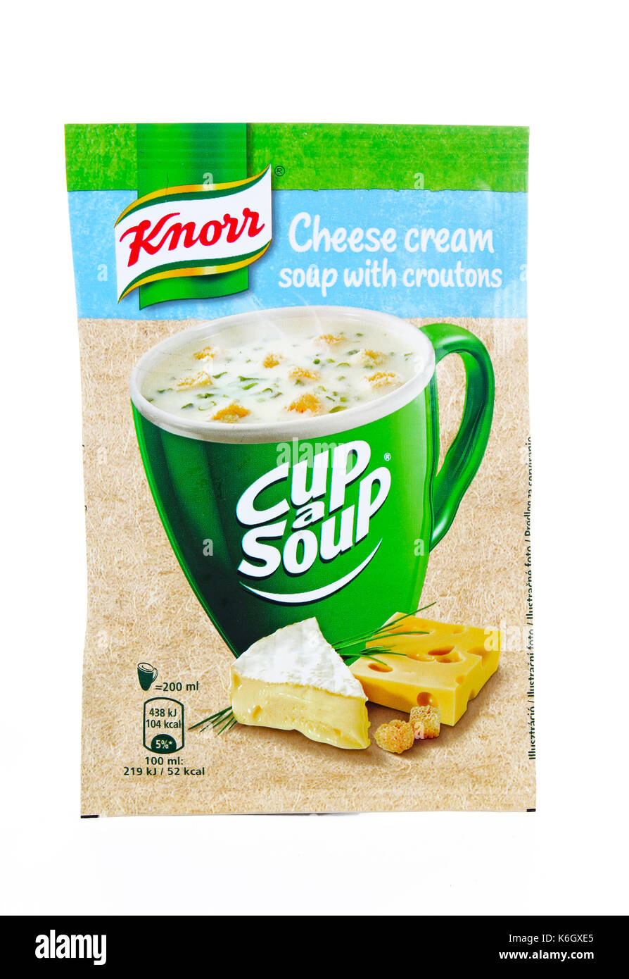 Knorr cheese cream soup on isolated white studio background. Stock Photo