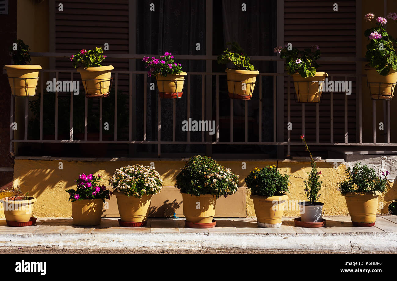 Exterior of a house, details of decorative flowers in yellow vases. Stock Photo
