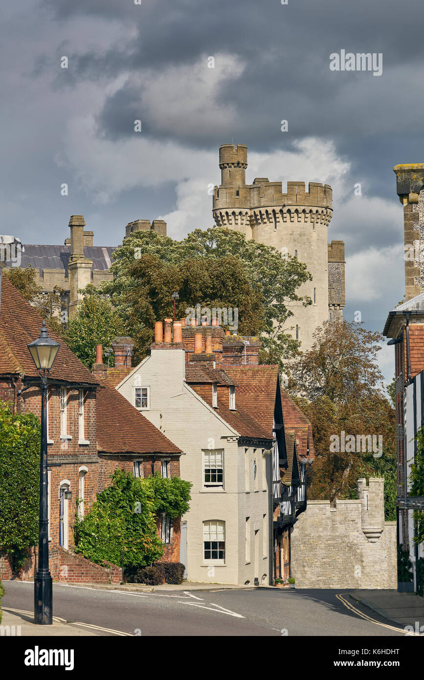 A Street View of the Historic Town of Arundel West Sussex with Castle Turret - Portrait format Stock Photo