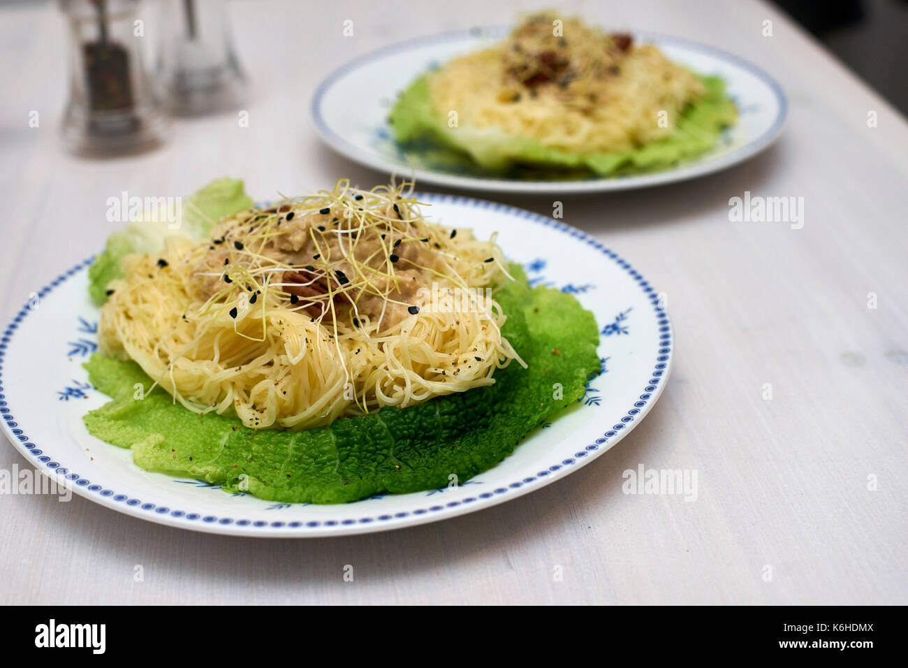 Vegetable spaghetti with cress on lettuce leaves Stock Photo