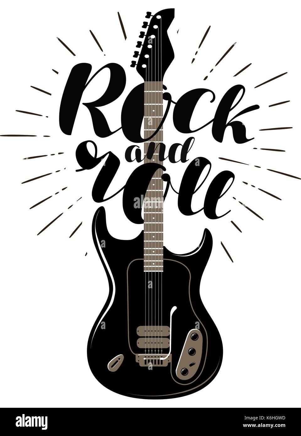 Rock and Roll, music concept. Guitar typographic design. Lettering vector illustration Stock Vector