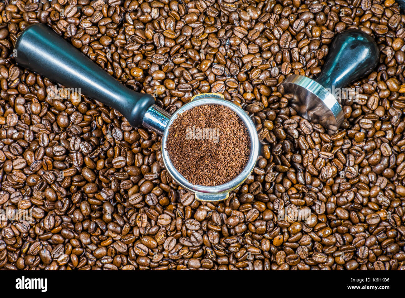 Espresso making concept Ground coffee in an espresso machine