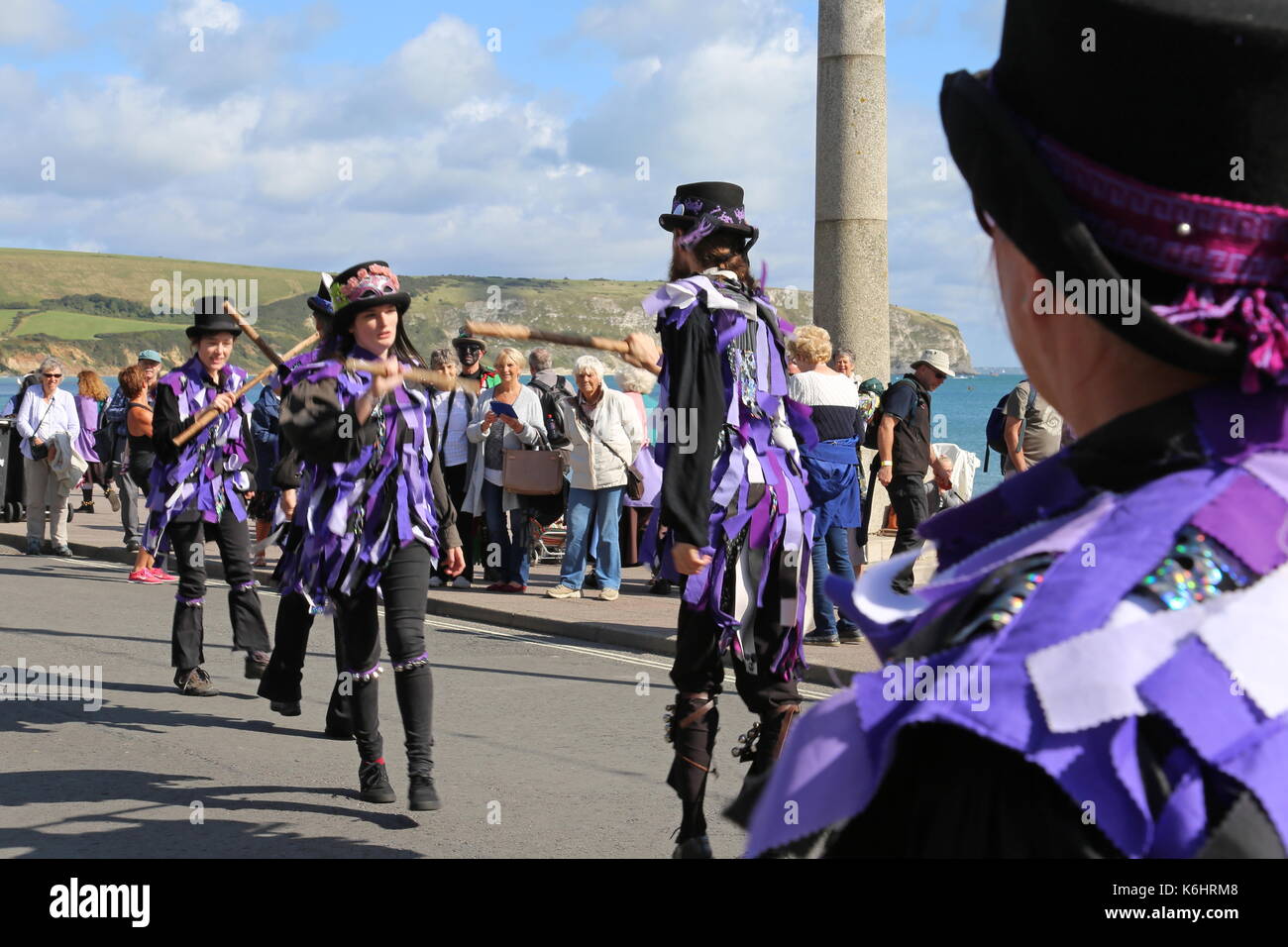 Anonymous Morris dancers, Shore Road, Swanage Folk Festival 2017, Isle of Purbeck, Dorset, England, Great Britain, United Kingdom, UK, Europe Stock Photo