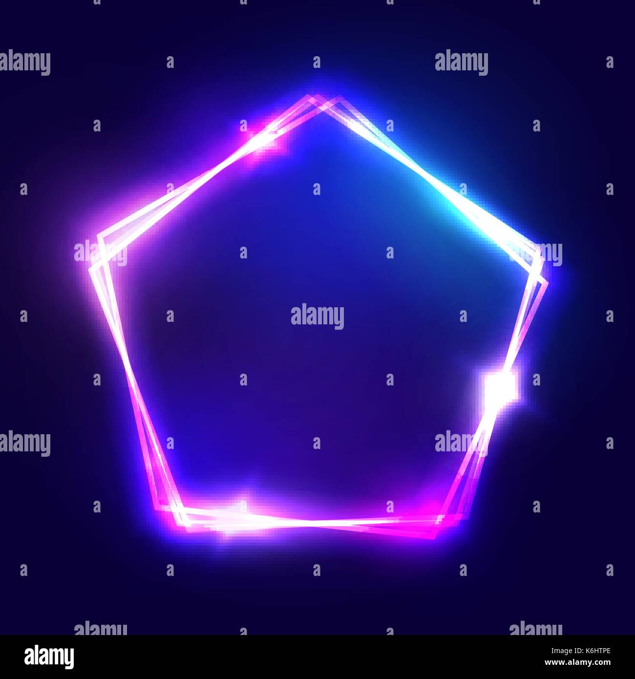 Abstract neon pentagon electric frame. Night Club Sign. 3d Retro Light Signboard With Shining Neon Effect. Techno Frame With Glowing On Dark Blue Backdrop. Colorful Vector Illustration in 80s Style. Stock Vector