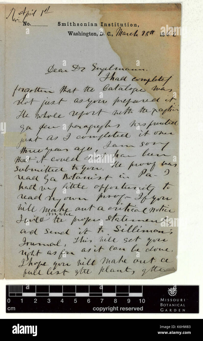 Correspondence   Hayden (Ferdinand) and Engelmann (George) (Mar 18, 1862 (1)) BHL43518821 Stock Photo
