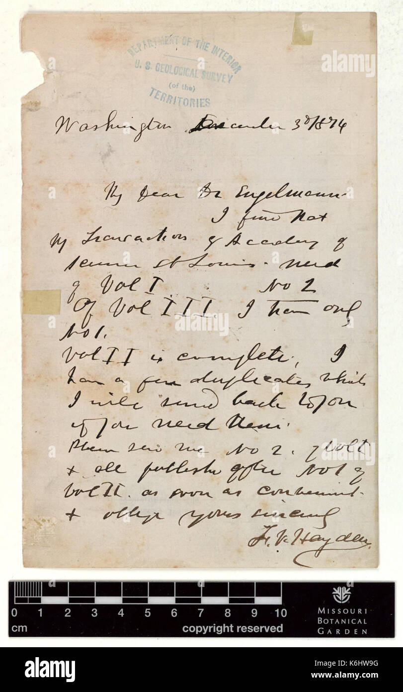Correspondence   Hayden (Ferdinand) and Engelmann (George) (Dec 03, 1874 (1)) BHL43518837 Stock Photo