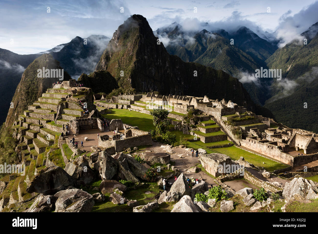 View of Machu Picchu during the wet season, Cusco Region, Urubamba Province, Peru, South America. Stock Photo