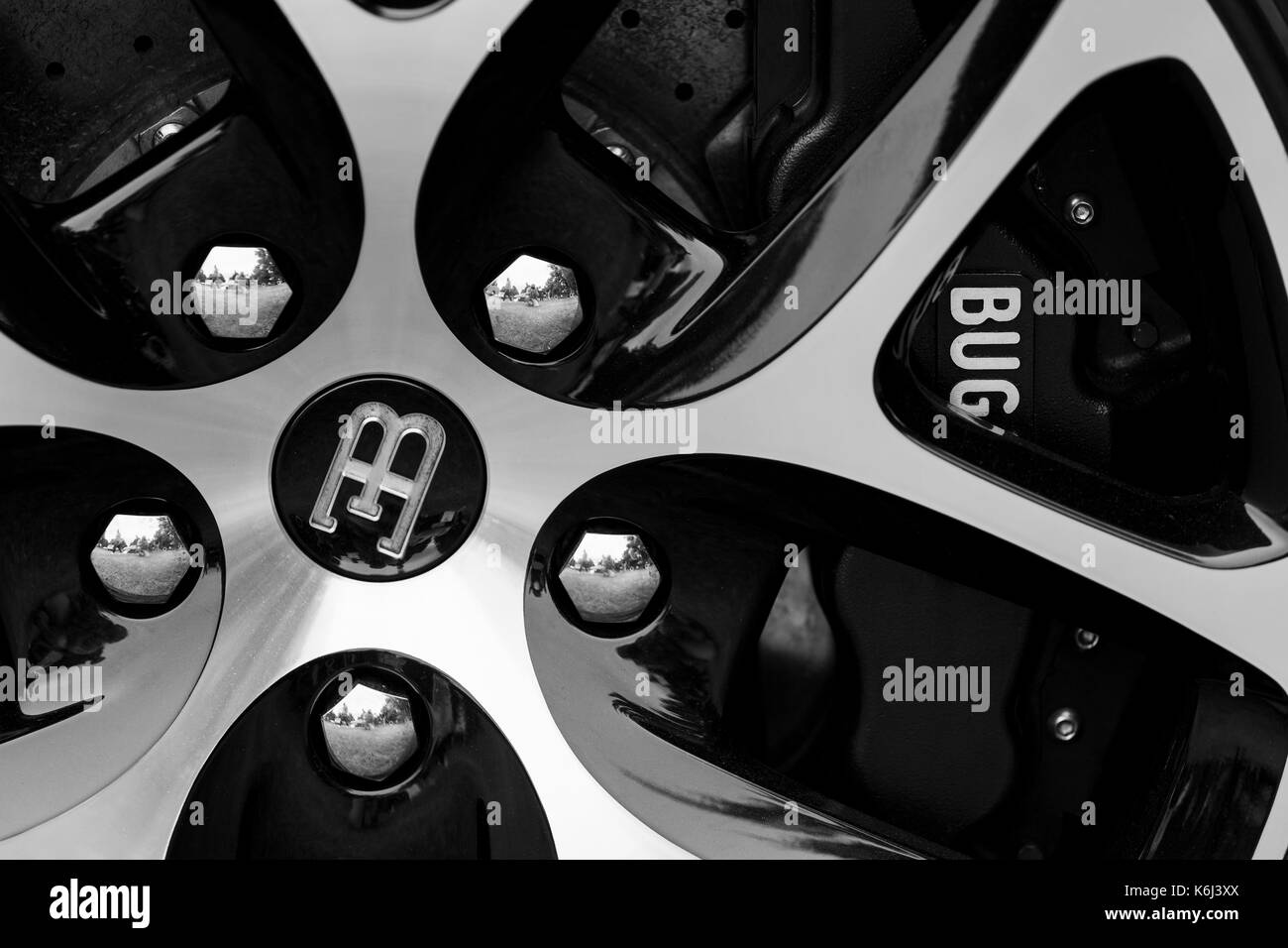 Wheel and brake disc on a Bugatti Veyron on display at the 2017 Goodwwod Festival of Speed, Sussex, UK. Stock Photo
