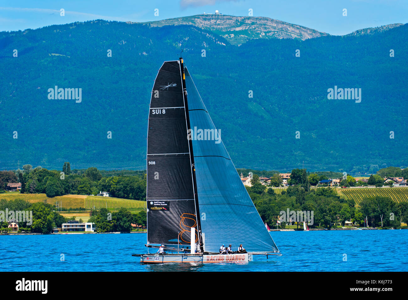 Sailing boat Racing Django on Lake Geneva at the foot of the Jura mountain range with the peak La Dole, Vaud, Switzerland Stock Photo