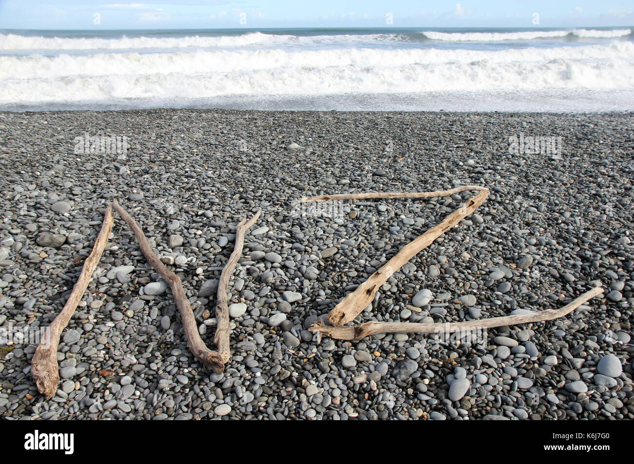 NZ driftwood Greymouth beach New Zealand Stock Photo
