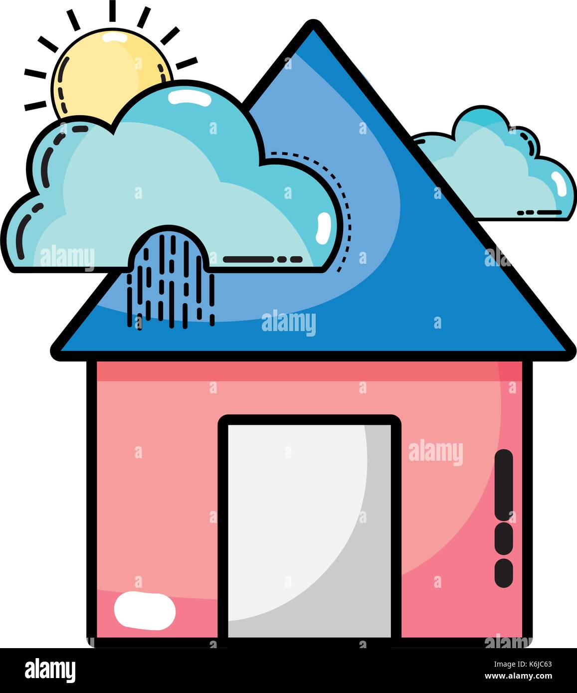 house with clouds raining and sun tropical weather Stock Vector