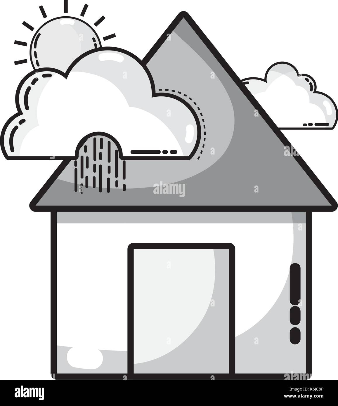 grayscale house with clouds raining and sun tropical weather Stock Vector