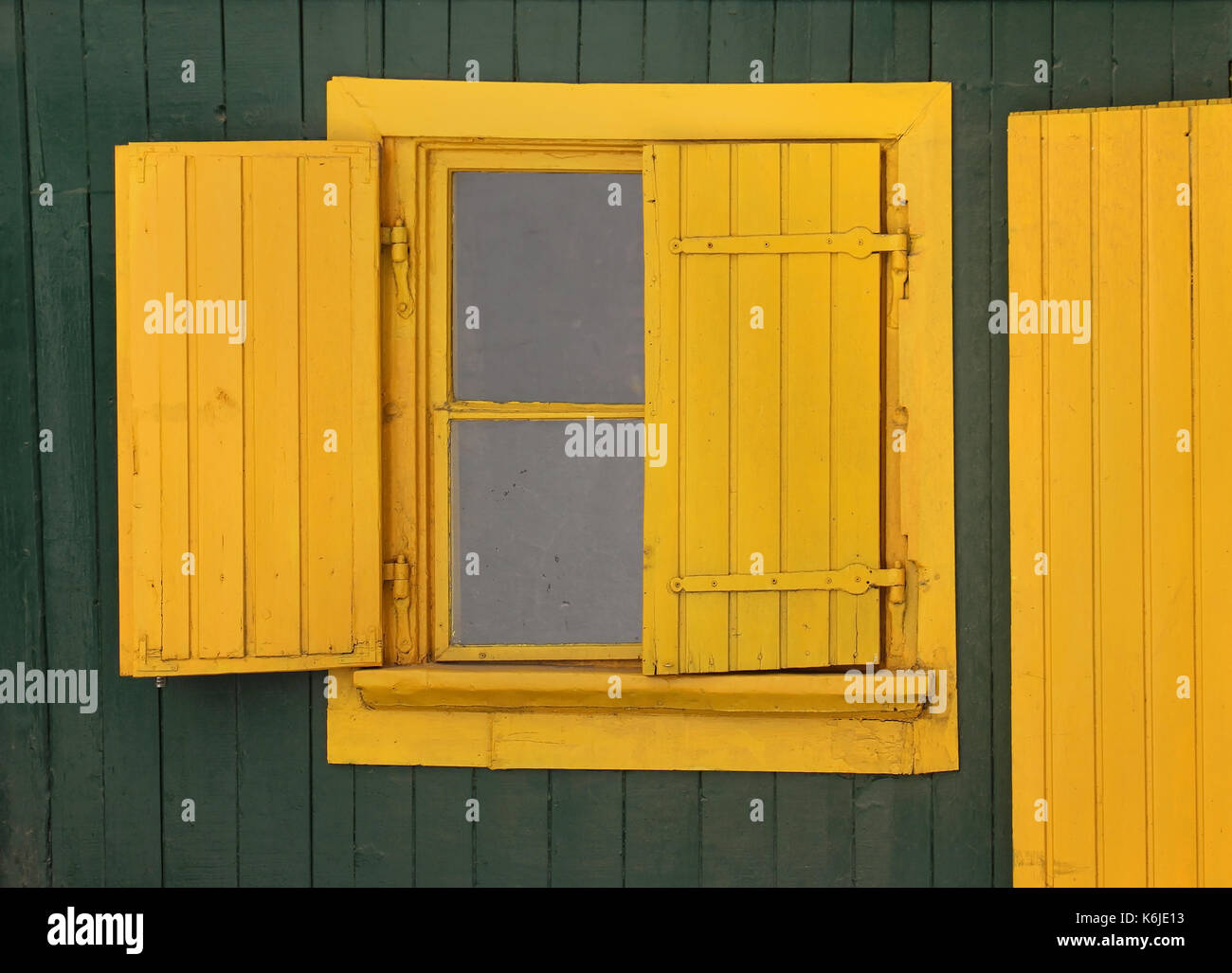 Old retro window with yellow wooden frame Stock Photo Alamy