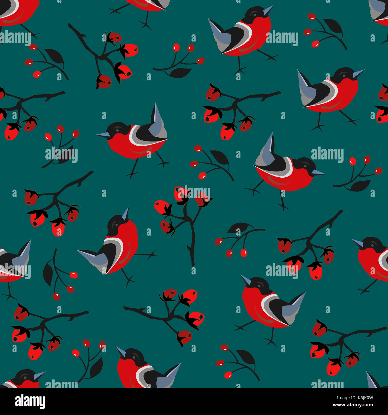 Bird Seamless Pattern. Bullfinch birds on a modern teal background with ...