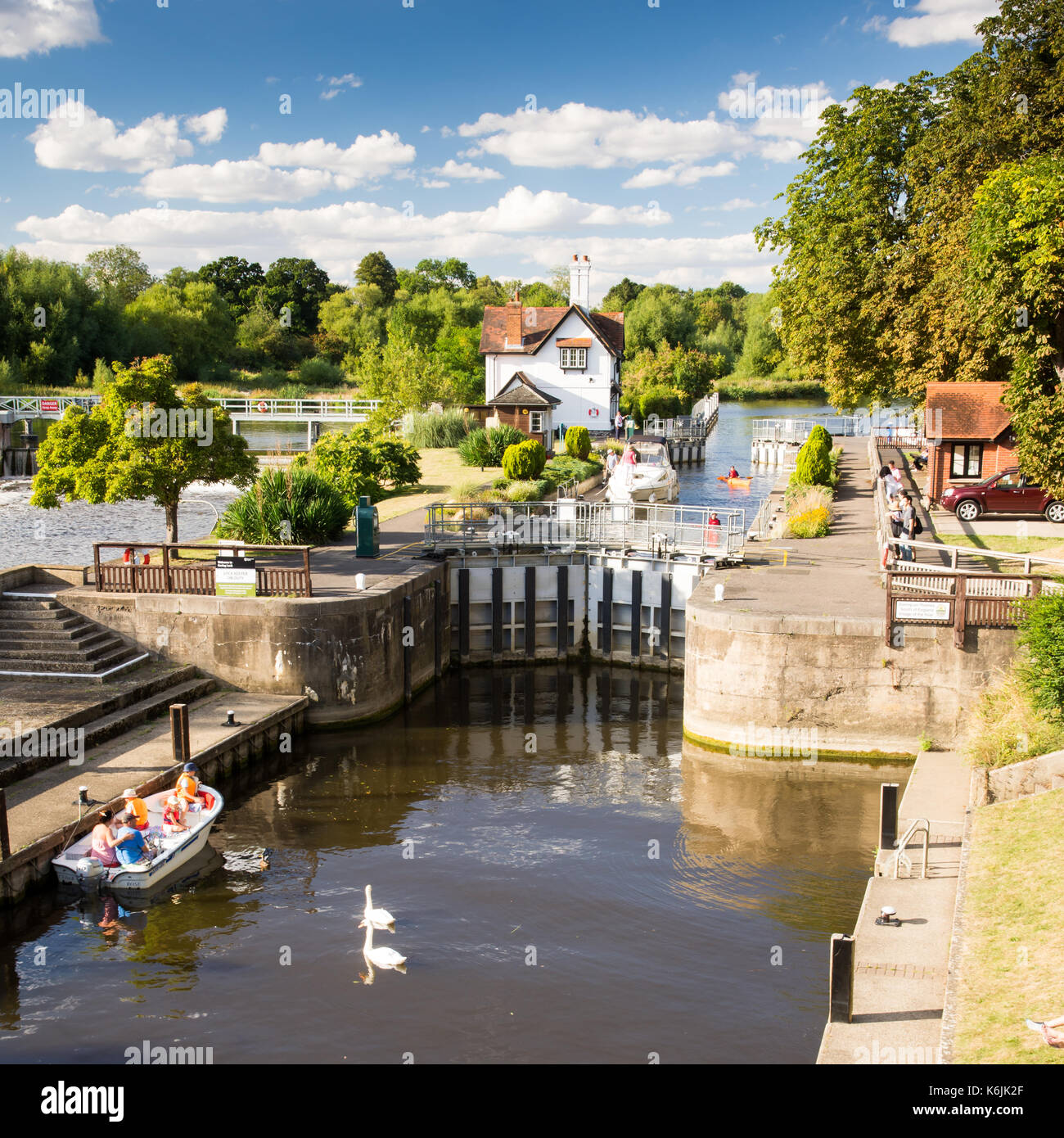 Reading, England, UK - August 29, 2016: The weir and lock on the River Thames at Goring in Berkshire. Stock Photo